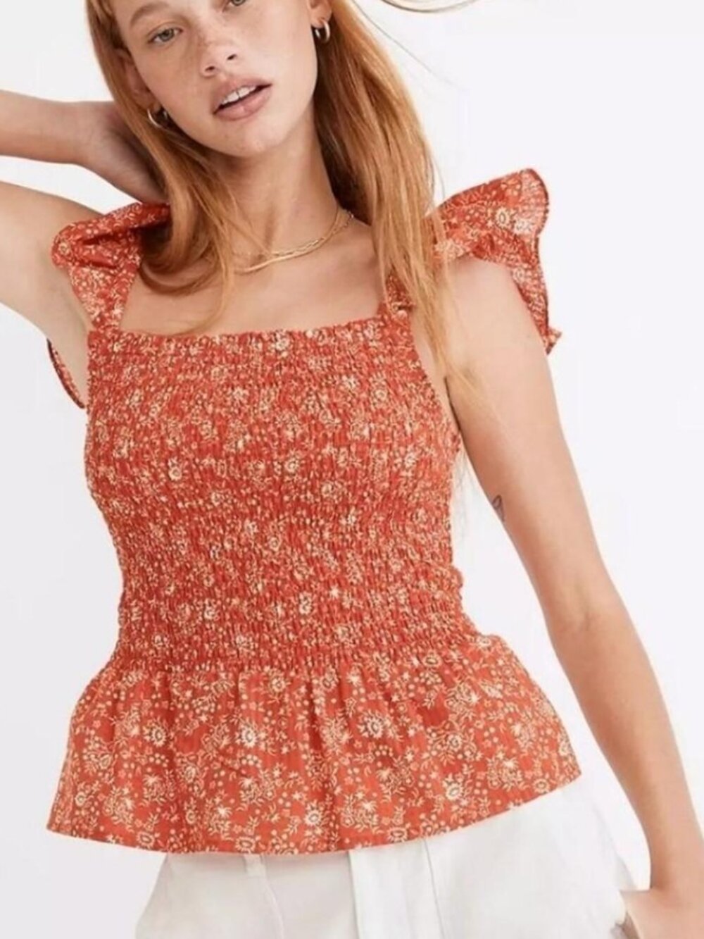 Madewell NWT Women's Size 2 Fresh Chilli Red Floral Smocked Peplum Top